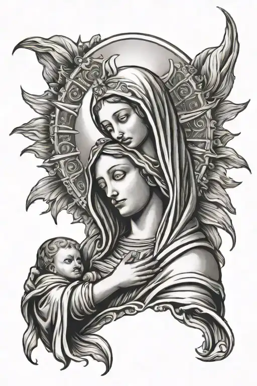 Virgin Mary Holding Baby Jesus Sun Rising