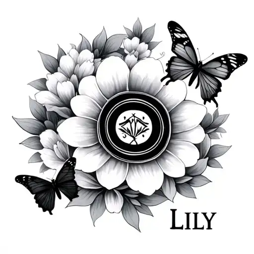 Ikigai Symbol With Gray And White Flowers With 3 Butterflies And The Name Of Lily