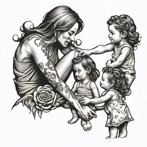 Mother Holding Two Girls Holding Hands