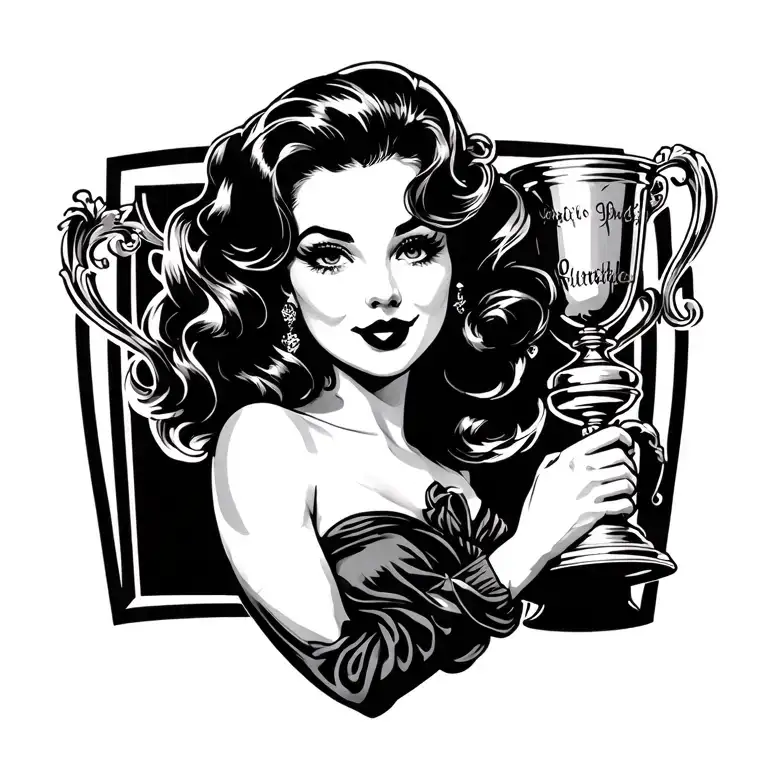 Pin Up Girl Holding Trophy Tattoo Design