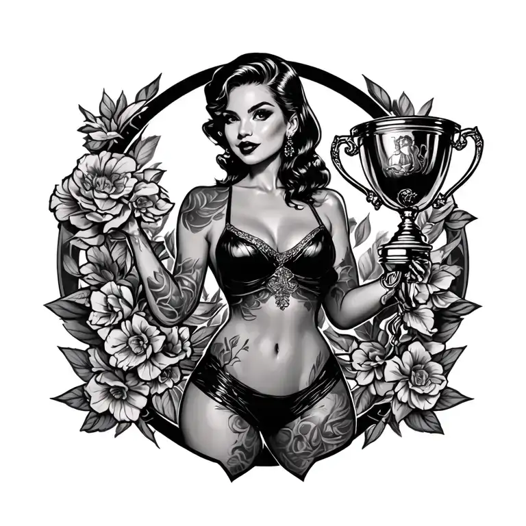 Pin Up Girl Standing Holding Trophy Tattoo Design Featuring