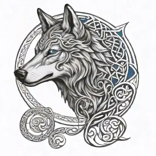Celtic Wolf With Blue Eyes And Moon