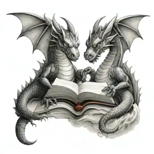 Two Dragons Reading A Book Open
