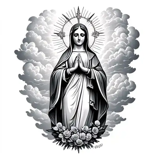 Virgin Mary Guadalupe With Clouds And Prayer