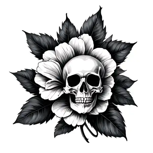 Skull In The Flower Large Black Leaves