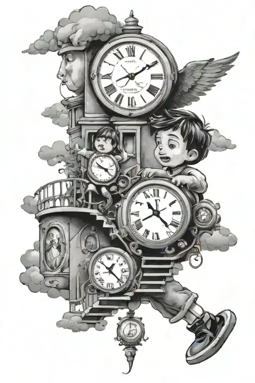 Child Stepping Stairs To Heaven Surrounded By Clock And At The Top Portrait Of Mom And Dad