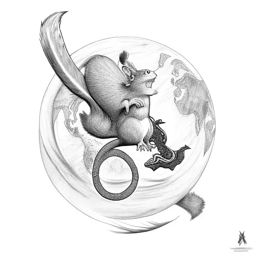 Ratatoskr Running Up The World Tree With Serpent On The Bottom And Eagle At The Top