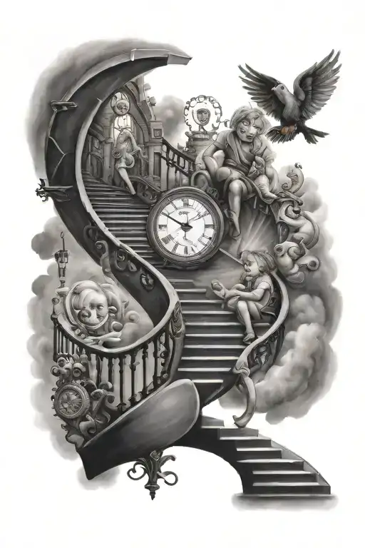Child Stepping Stairs To Heaven Surrounded By Clock And At The Top Portrait Of Mom And Dad