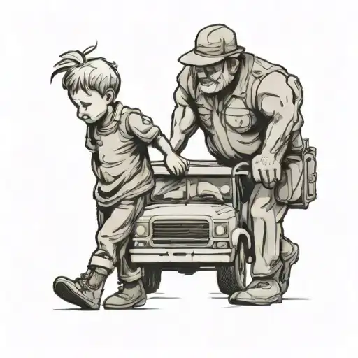 Grandfather With His Grandson Child Walking Hand In Hand With A Kamaz Truck Standing Behind Him