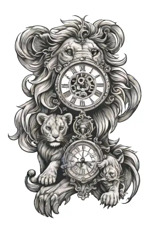 Clock And Lion And Lion Cub