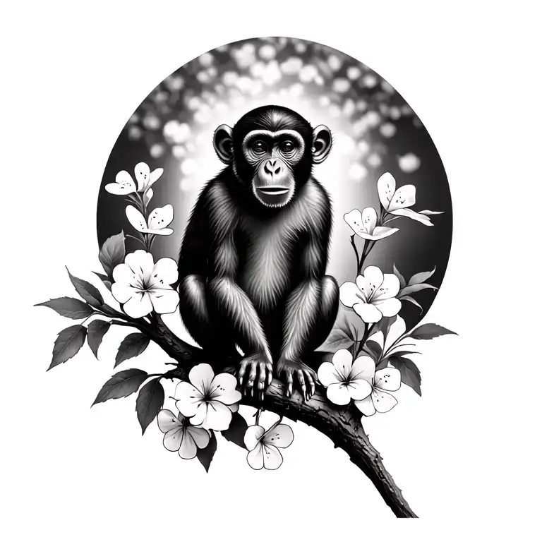Monkey Sitting On Tree Branch With Sweet Williams Flowers