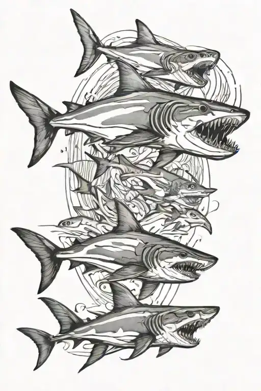 Shark Leg Sleeve With Small Sharks On The Thigh And Bigger More Realistic Sharks Towards The Bottom