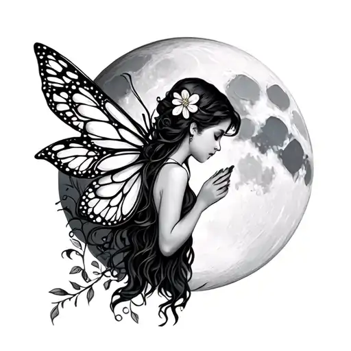 Fairy Holding Flowers In Front Of The Moon