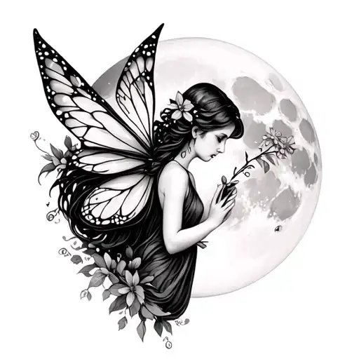 Fairy Holding Flowers In Front Of The Moon