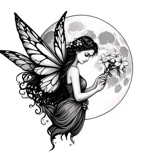 Fairy Holding Flowers In Front Of The Moon