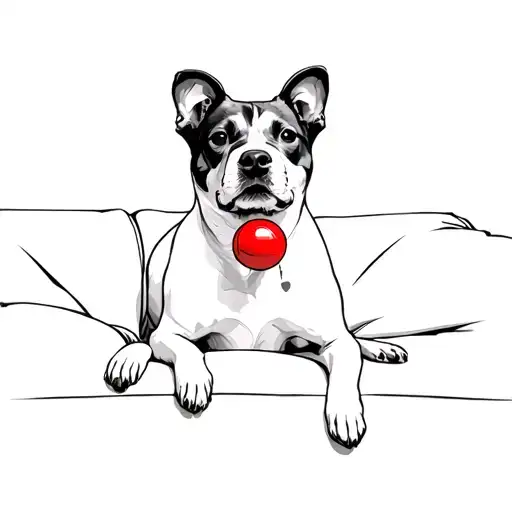A Dog Laying On A Couch With A Red Ball