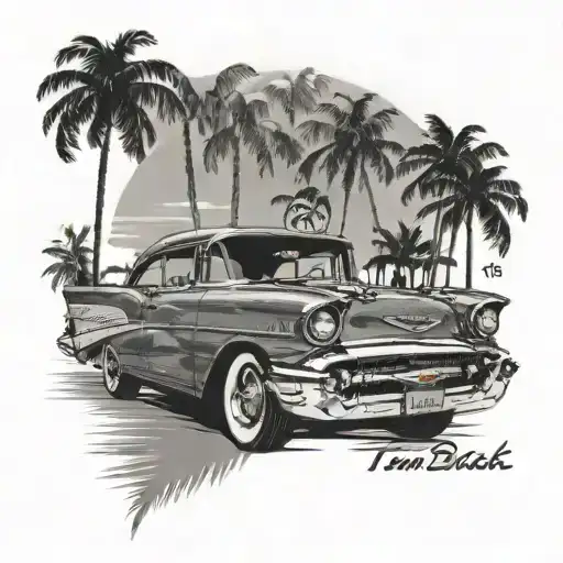 1957 Chevy Bel Air With Palm Trees In The Background With A License Plate That Says Tom