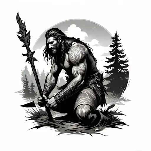 Forest Landscape With Kneeling Warrior