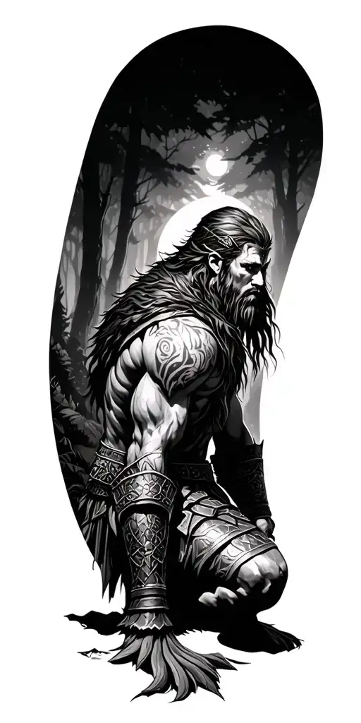 Forest Landscape With Kneeling Warrior