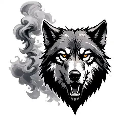The Head Of A Scarred Battle Hardened Wolf Looking Straight Ahead With Smoke Rising From Behind It
