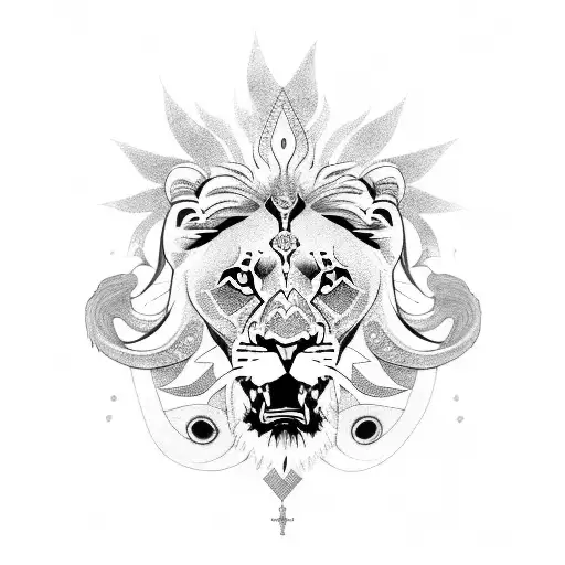 A Majestic Lion Surrounded By Religious Symbols And Dragon Wings