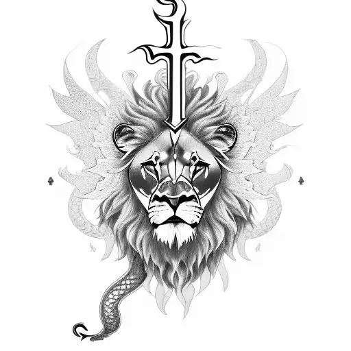 A Majestic Lion Surrounded By Religious Symbols And Dragon Wings