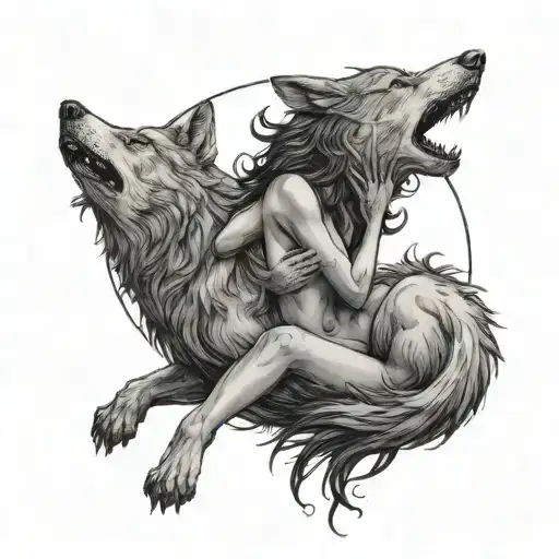 Nude Woman Protected By The Wolf Howling