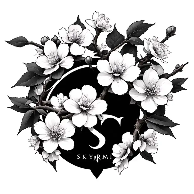Sakura Flowers On A Branch With The Skyrim Logo Incorporated