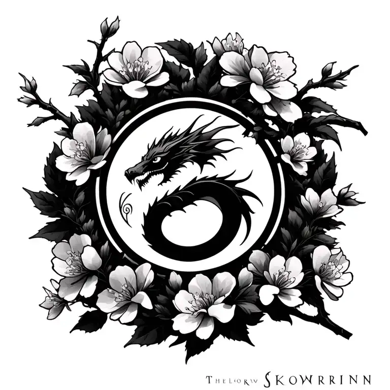 Sakura Flowers On A Branch With The Skyrim Dragon Logo On The Flowers