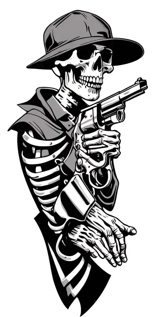Skeleton With Two Revolvers Pointed Wearing Backwards Hat