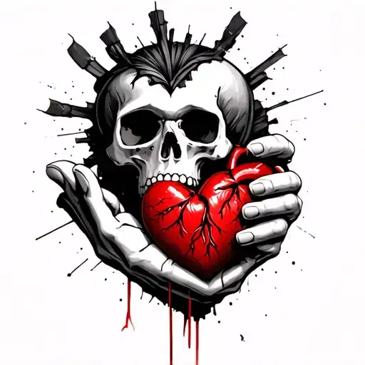 Skull Reaching Up With One Hand Holding A Real Heart With Red String