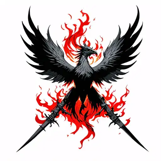 Black Phoenix Born In Red Fire Red&white Light From Above Black Blades