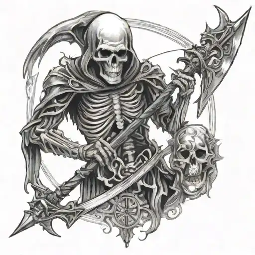 Skeleton Tattoo With Azrael's Scythe On Both Sides