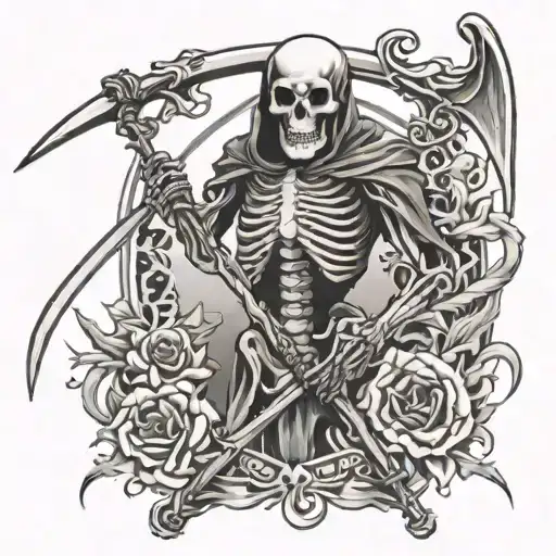 Skeleton Tattoo With Azrael's Scythe On Both Sides