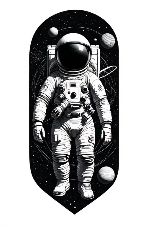Realistic Astronaut With Planets And Geometric Lines