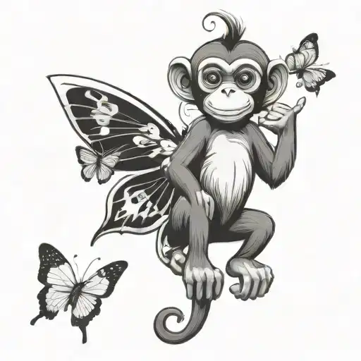 Cartoon Monkey And White Butterflies Surrounding