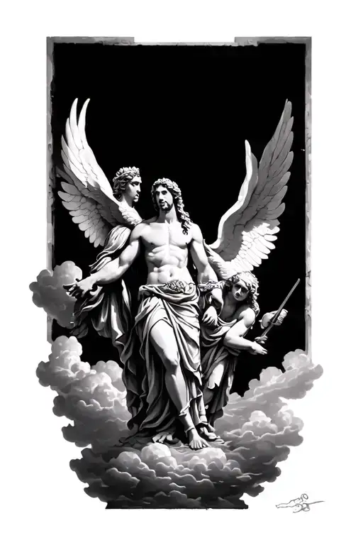 Greek Demi Gods With Angels And Clouds Surrounding