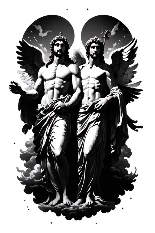 Two Greek Demi Gods With Angels And Clouds Surrounding