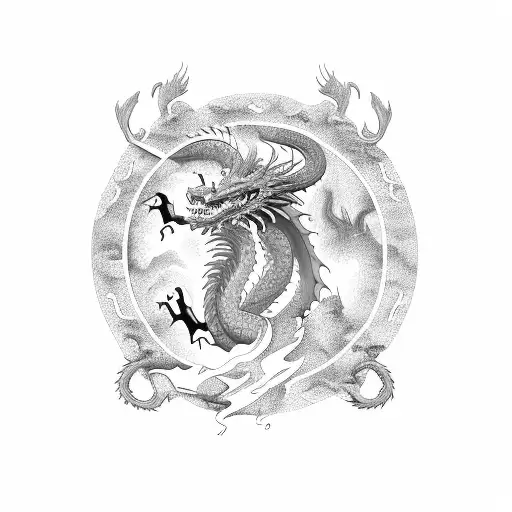 A Circular Border Of A Dragon With In The Center A Forest