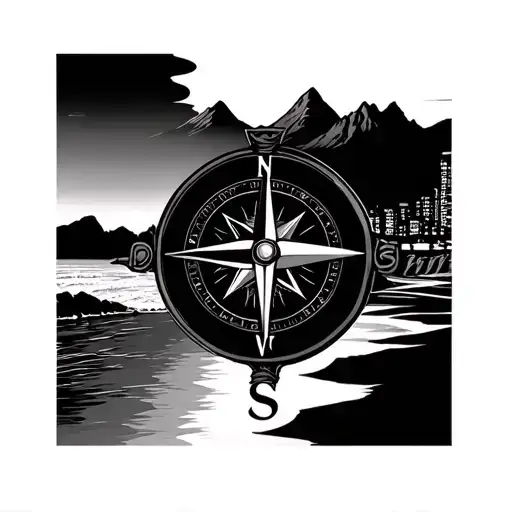 Compass Background In Front City Mountains And The Beach
