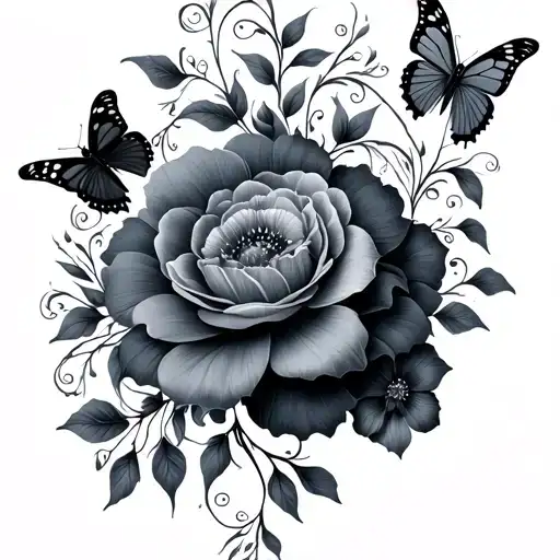 A Black And Gray Floral Piece With Butterflies Vines
