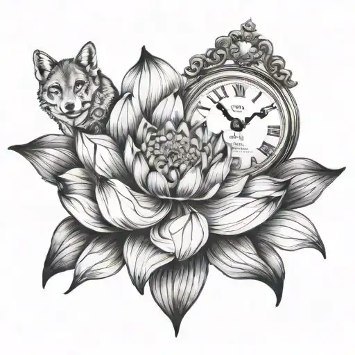 Lotus Flower With Clock And Wolf