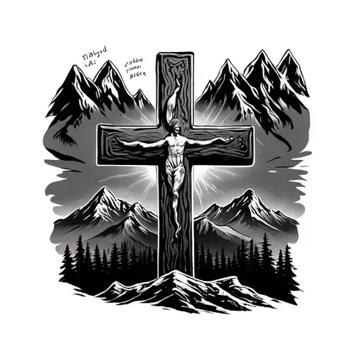 Big Cross With Mountains And A Short Bible Verse In The Backgroubd