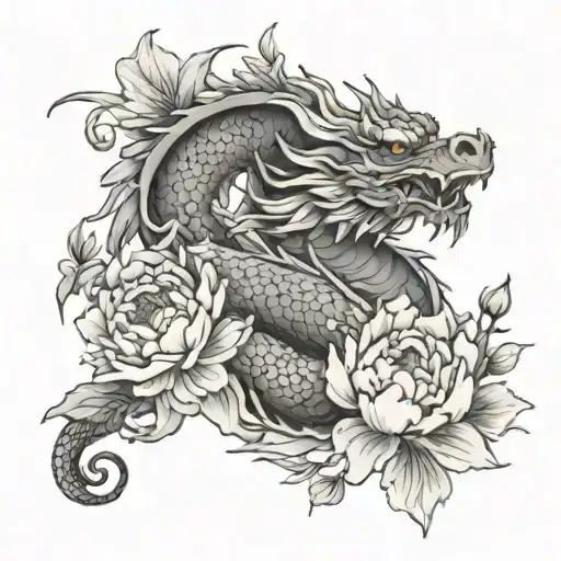Dragon And Peonies With Flowers