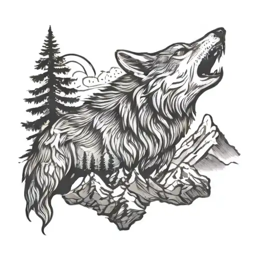 A Black-grey Tattoo Of A Wolf Howling At The Moon With A Mountain Range In The Background