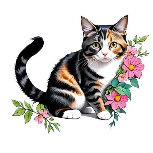 Calico Cat Striking A Pose With Flowers On The Side