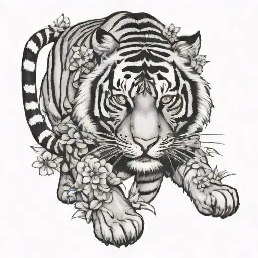 Tiger Walking With Flowers Surrounding