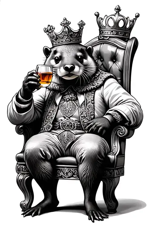 Otter King In A King Chair Drinking Whiskey With A Crown