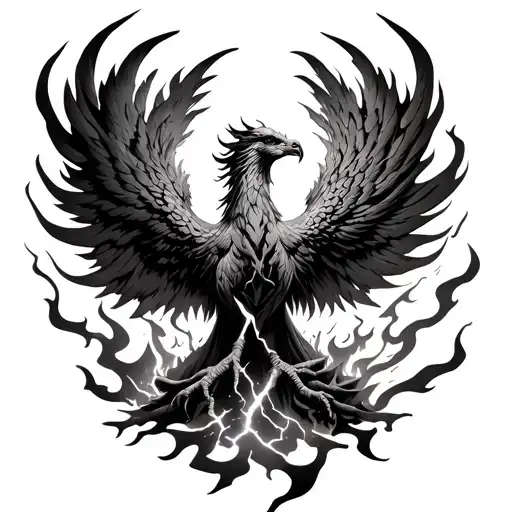 Phoenix Rising From Ashes With Lighting And Flames