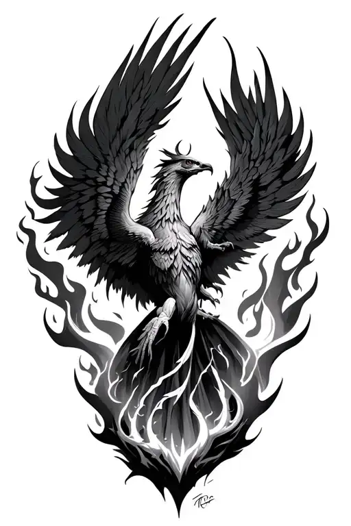 Phoenix Rising From Ashes With Lighting And Flames